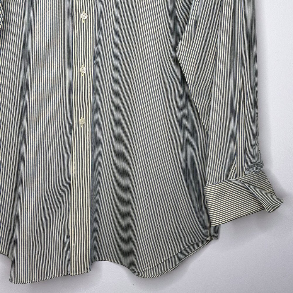 Paul Fredrick Yellow Navy Striped Men’s Button Down Dress Shirt - Picture 3 of 7